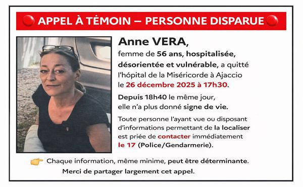 Ajaccio - Appel à témoins après la disparition d’Anne Vera, 56 ans