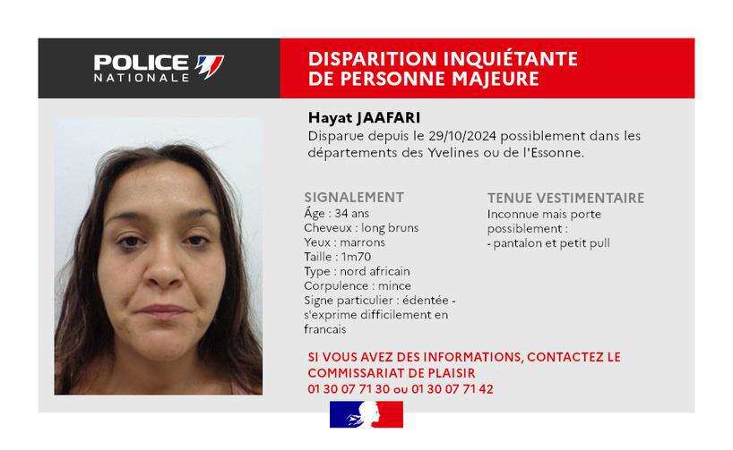 Yvelines. Appel à témoins pour retrouver Hayat Jaafari, disparue depuis le 29 octobre Yvelines. Appel à témoins pour retrouver Hayat Jaafari, disparue depuis le 29 octobre