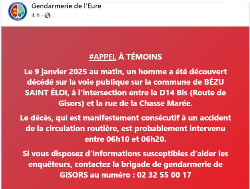 Un piéton tué sur la route à Bézu-Saint-Éloi (Eure) : un appel à témoins lancé par la gendarmerie Un piéton tué sur la route à Bézu-Saint-Éloi (Eure) : un appel à témoins lancé par la gendarmerie