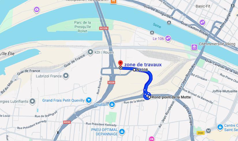 RN1338 : la route barrée deux nuits entre le giratoire de la Motte et le pont Flaubert, à Rouen 