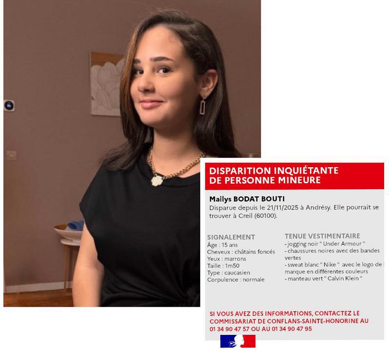 Appel à témoins : une adolescente de 15 ans portée disparue à Andrésy (Yvelines) Appel à témoins : une adolescente de 15 ans portée disparue à Andrésy (Yvelines)
