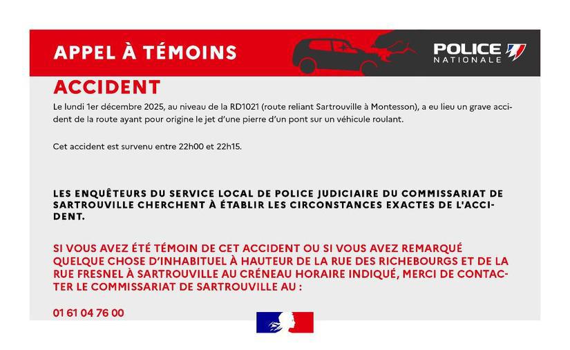 Yvelines. Jet de pierre sur un véhicule à Sartrouville : la police lance un appel à témoins