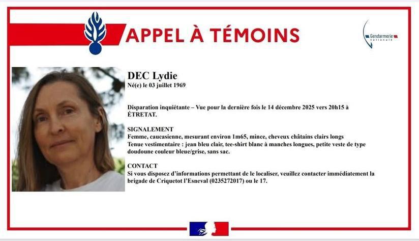Disparition inquiétante à Étretat : Lydie n’a pas donné signe de vie depuis le 14 décembre 