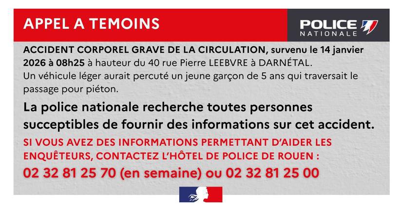 Un enfant de 5 ans grièvement blessé à Darnétal : la police lance un appel à témoins Un enfant de 5 ans grièvement blessé à Darnétal : la police lance un appel à témoins
