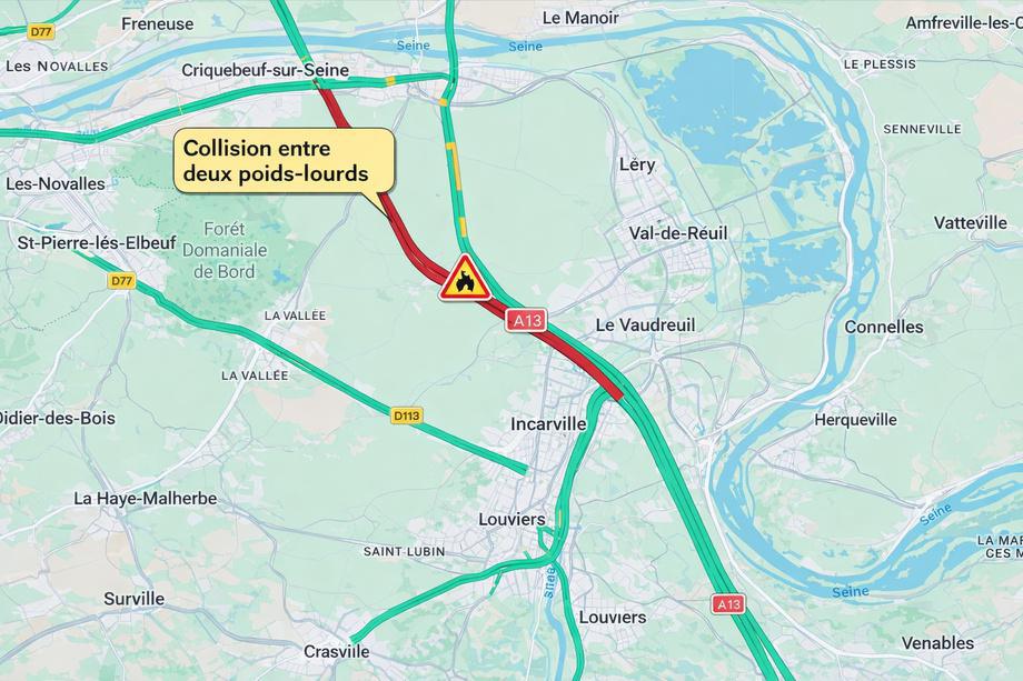 L'autoroute A13 coupée vers Caen après un accident entre deux camions à Criquebeuf-sur-Seine L'autoroute A13 coupée vers Caen après un accident entre deux camions à Criquebeuf-sur-Seine