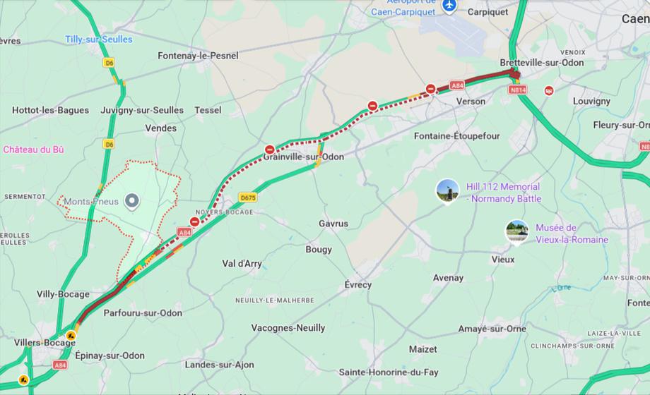 A84 : un poids lourd renversé coupe l’autoroute vers Caen au niveau de Monts-en-Bessin