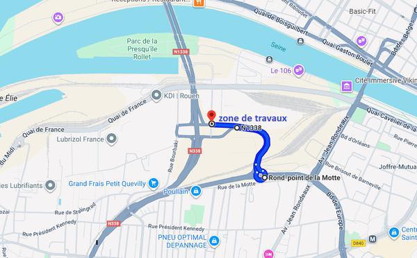 RN1338 : la route barrée deux nuits entre le giratoire de la Motte et le pont Flaubert, à Rouen