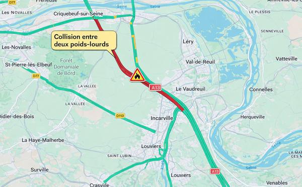 L'autoroute A13 coupée vers Caen après un accident entre deux camions à Criquebeuf-sur-Seine