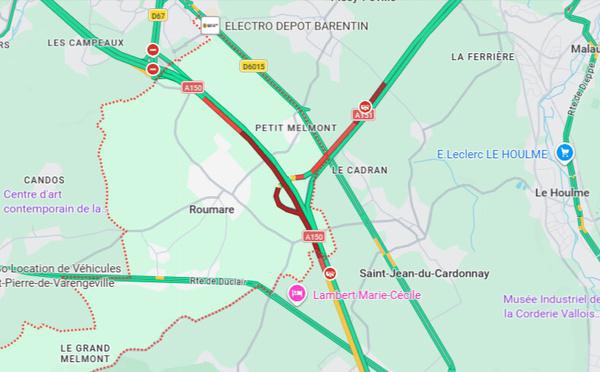 Accident sur l’A150 : collision entre deux poids-lourds et une voiture, circulation perturbée