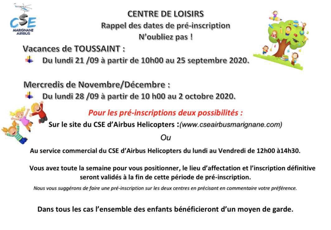 Retrouvez les dates des pré-inscriptions pour les vacances de la Toussaint et les Mercredi de Novembre et Décembre ! Retrouvez les dates des pré-inscriptions pour les vacances de la Toussaint et les Mercredi de Novembre et Décembre !