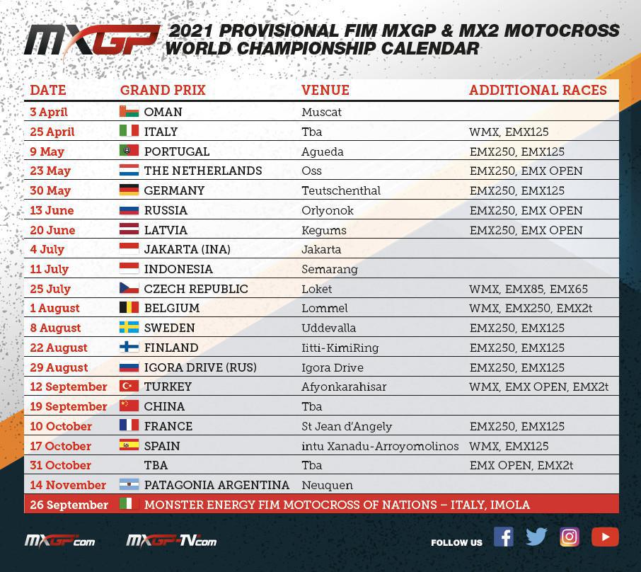 MXGP revela o calendário provisório de corrida de 2021