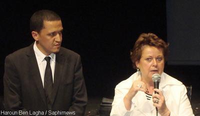 Hassen Chalghoumi, imam de Drancy, et Christine Boutin, ministre du Logement, lors de l'annonce officielle, le 10 juin, du lancement de la Conférence des imams de France.