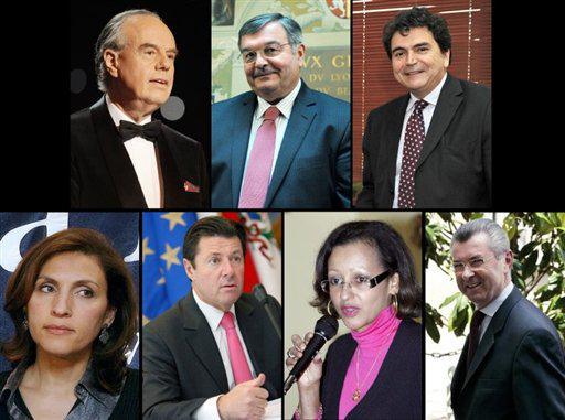 Les huit nouveaux membres du gouvernement Fillon 4. De gauche à droite et de bas en haut : Frédéric Mitterrand, Michel Mercier, Pierre Lellouche, Nora Berra, Christian Estrosi, Marie-Luce Penchard et Henri de Raincourt.