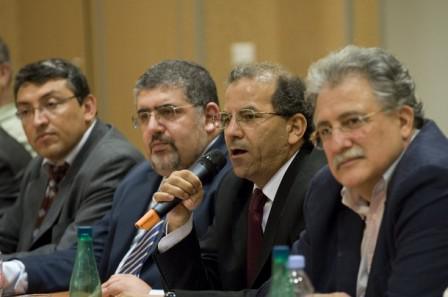 De gauche à droite : Haydar Demiryurek, secrétaire général du CCMTF (Turcs), Fouad Alaoui, vice-président de l'UOIF, Mohammed Moussaoui, président du CFCM, Chems-Eddine Hafiz de la Grande Mosquée de Paris, aux élections du CFCM le 22 juin 2008