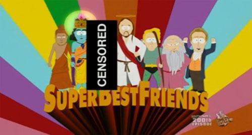 Copie d'écran du 200e épisode de South Park, où le Prophète déambule dans un costume d'ours afin qu'il ne puisse être vu. Il est « remercié » par les autres personnages d'avoir fait l'effort de venir à South Park...