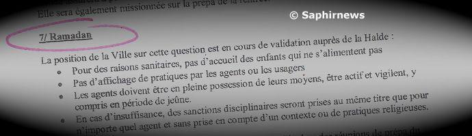 Extrait du compte rendu du 7 mai 2010 de la Commission Jeunesse et sports de la mairie de Roubaix : elle propose d'interdire l'accès aux loisirs aux usagers jeûneurs.