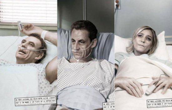 François Bayrou, Nicolas Sarkozy et Marine Le Pen mis en scène depuis mars dans des affiches destinées à promouvoir l'euthanasie en France.