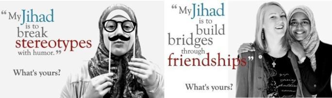 La campagne « My Jihad » (« Mon Jihad ») lancée aux Etats-Unis dès le 14 décembre pour contrer les préjugés sur l'islam et ses concepts, dont celui de jihad. Ici: « Mon jihad est de briser les stéréotypes à travers l’humour. » « Mon jihad est de créer des ponts à travers les amitiés. Quelle est le vôtre ? »