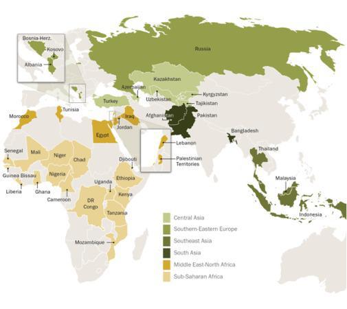 Une vaste étude de l’institut de recherche Pew, publiée le 30 avril, a été réalisée auprès de 38 000 personnes dans 39 pays représentés dans cette carte.