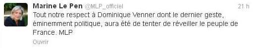 Tweet de Marine Le Pen après le suicide de Dominique Venner.