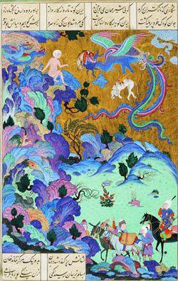 Page du Shâh-Nâme de Shah Tahmasp, Zal à cheval lève les yeux vers l’aire du Simorgh, Tabriz, 1524-1539, aquarelle opaque, or et encre sur papier, Washington, Arthur Sackler Gallery (© Smithsonian, Feer Gallery of Art and Arthur M. Sackler Gallery)