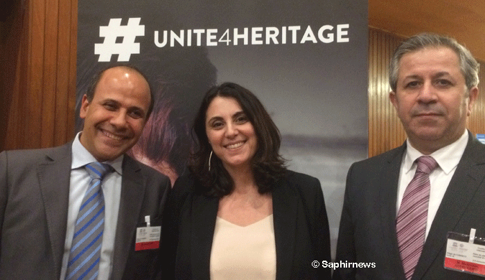 (de g. à dr.) Assaad Seif, archéologue, conseiller du ministre de la Culture du Liban ; Nada al-Hassan, chef de l’Unité des États arabes, au Comité du patrimoine mondial à l’Unesco ; Maamoun Abdulkarim, directeur général des Antiquités et des Musées de Syrie.