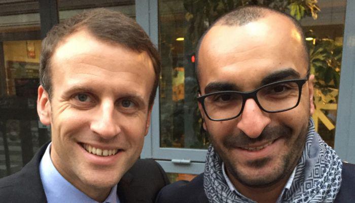 Emmanuel Macron aux côtés de Mohamed Saou, référent départemental dans le Val d'Oise pour le mouvement En Marche.