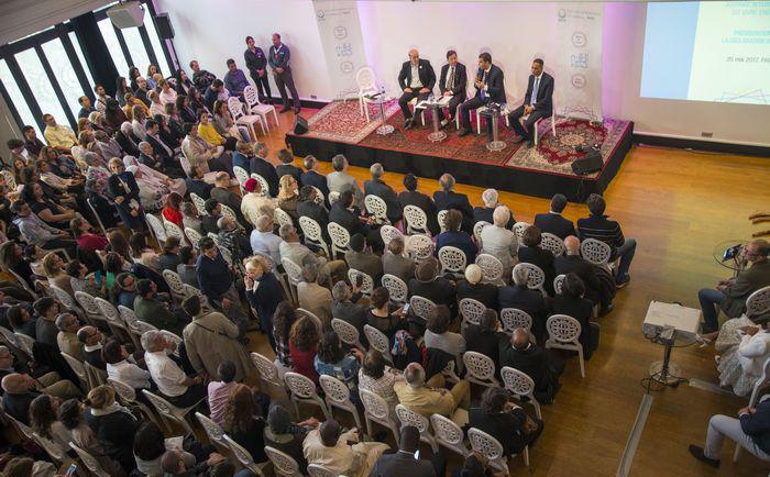 Présentation de la « Déclaration de Paris », 20 mai 2017, Pavillon Wagram, Paris De droite à gauche : Mustapha Abbani, Mohamed Benkhalifa, Cheikh Khaled Bentounes, Hamid Demmou. © Aisa, ASM