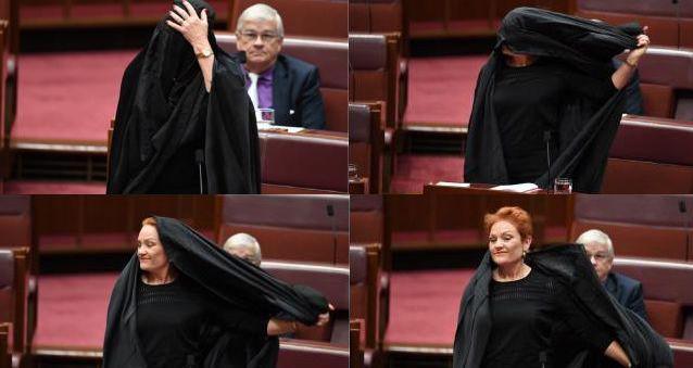 La sénatrice d'extrême droite est apparue en burqa au Sénat le 17 août pour réclamer son interdiction en Australie. © AAP /Lukas Coch