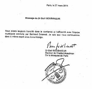 Anne Hidalgo soutenue par Dalil Boubakeur aux élections municipales 2014.
