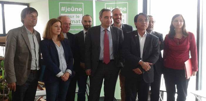 Les participants au lancements du "Jeûne pour le climat". De gauche à droite : N. Hulot, M. Créach, M. Stenger, N. Kazarian, F. Clavairoly, M. Kopp, Y. Saño, T. Oubrou, L. Morosini.
