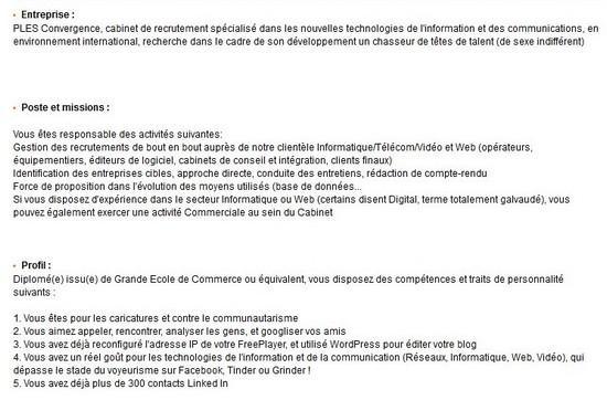 Recherche collaborateur « pour les caricatures et contre le communautarisme », un critère assumé
