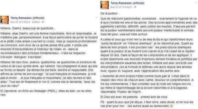Tariq Ramadan « n’adhère pas » au voile portée par l'ex-rappeuse Diam’s (1), il répond aux critiques (2).
