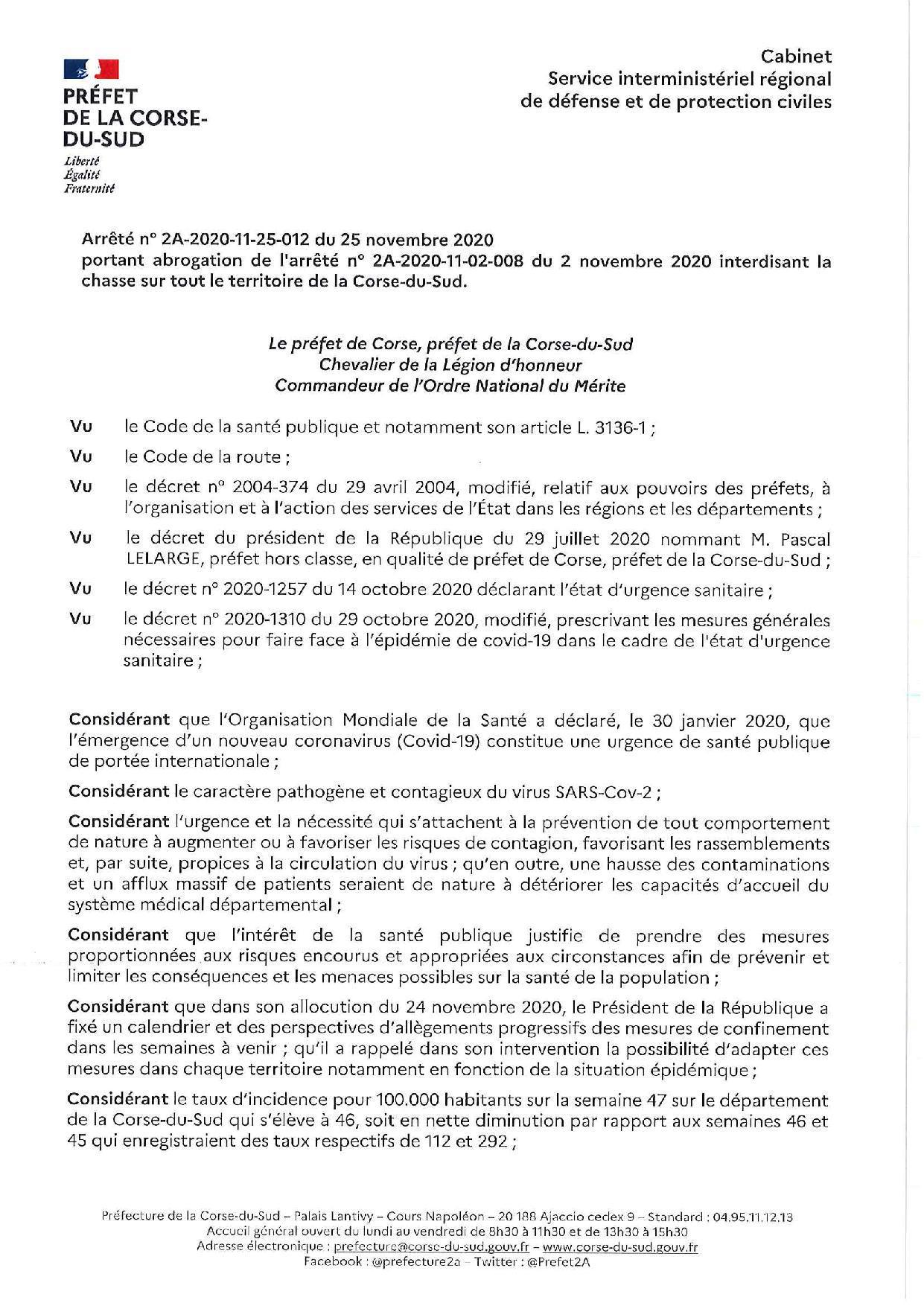 Arrêté préfectoral n° 2A-2020-11-25-012