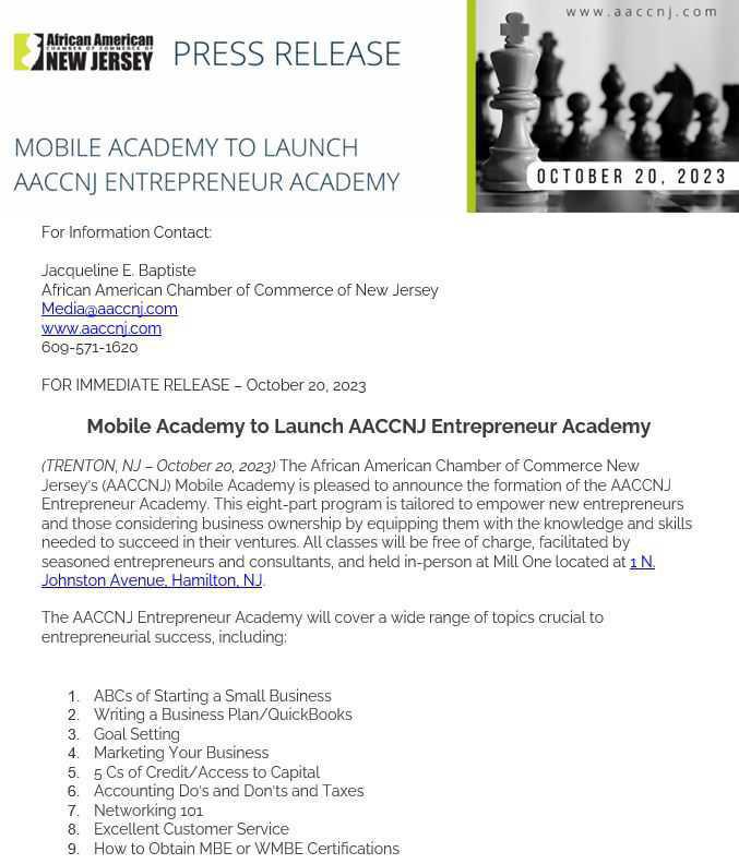 FIRST COHORT - AACCNJ Entrepreneur Academy