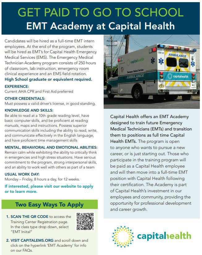 EMT Academy at Capital Health - Get paid to go to school.