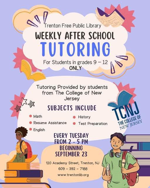 Trenton Free Public Library is teaming up with students from The College of New Jersey (TCNJ) to offer FREE weekly tutoring for high schoolers (grades 9–12).