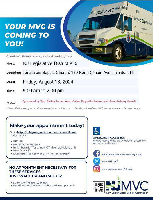 NJ MVC Mobile Unit is coming to Jerusalem Baptist Church on Friday, August 16th from 9am to 2pm
