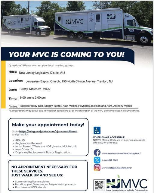 NJ MVC Mobile Unit is coming to Jerusalem Baptist Church,