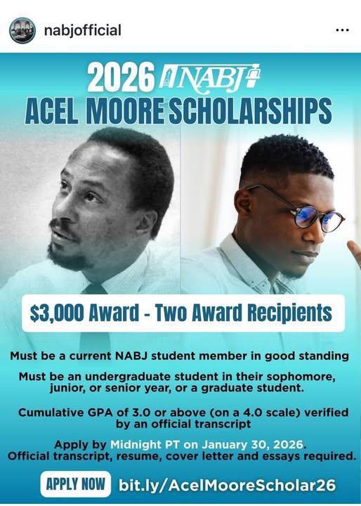 2026 NABJ ACEL MOORE Scholarships ( Deadline January 30, 2026 )
