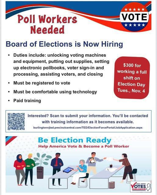 Wanted ....Poll Workers for November 2025 NJ elections 