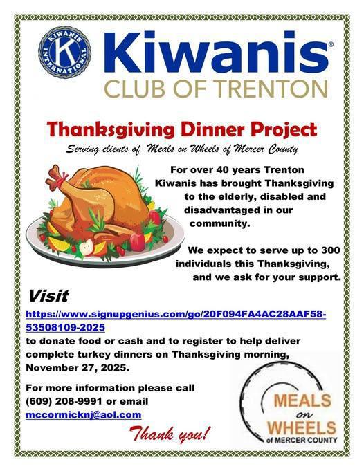 Thanksgiving Dinner Project - Help Trenton Kiwanis serve those less fortunate.