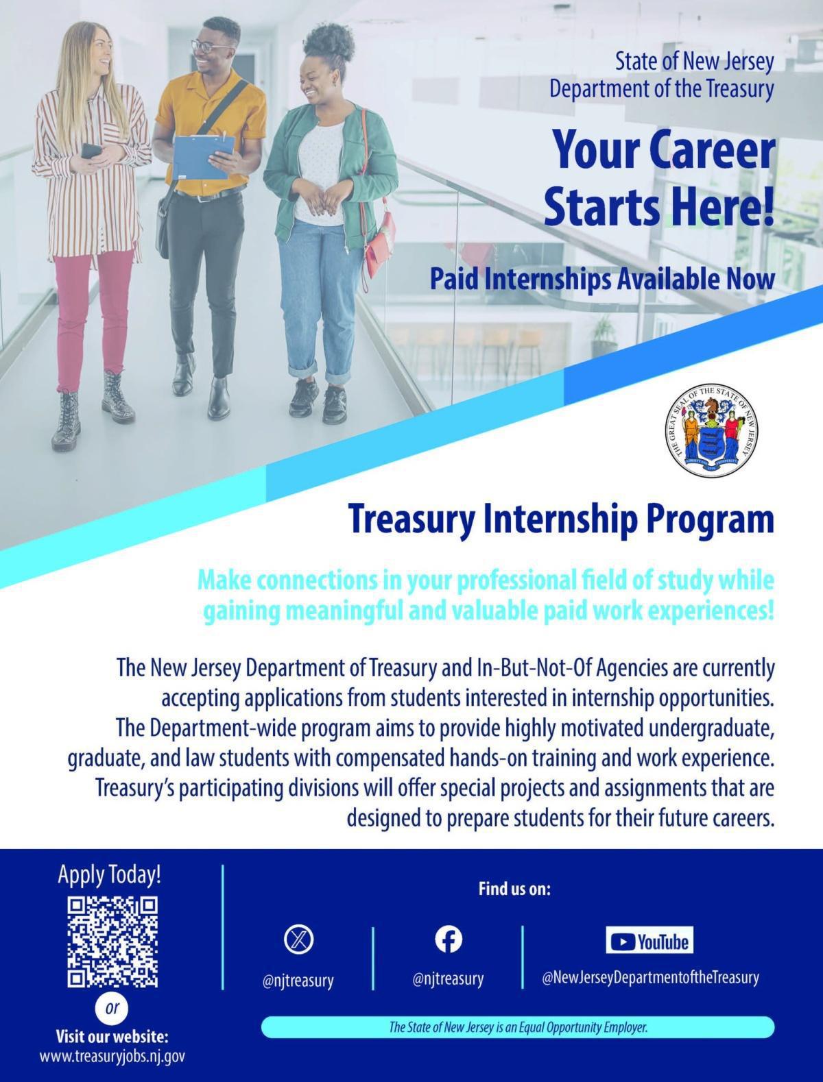 Paid internships! with New Jersey Department of the Treasury / ¡Pasantías remuneradas con el Departamento del Tesoro de Nueva Jersey!