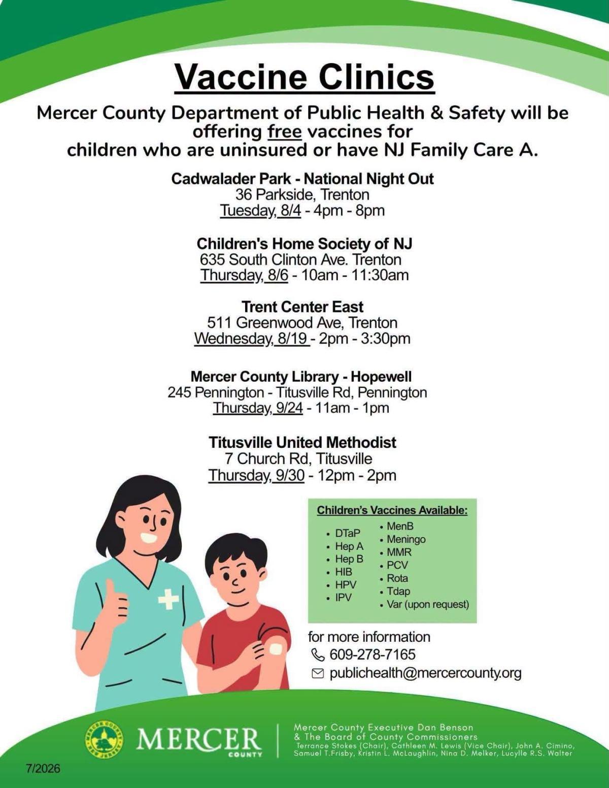 Mercer Vaccine Clinics - FREE vaccines for Children who are uninsured or have NJ Family Care