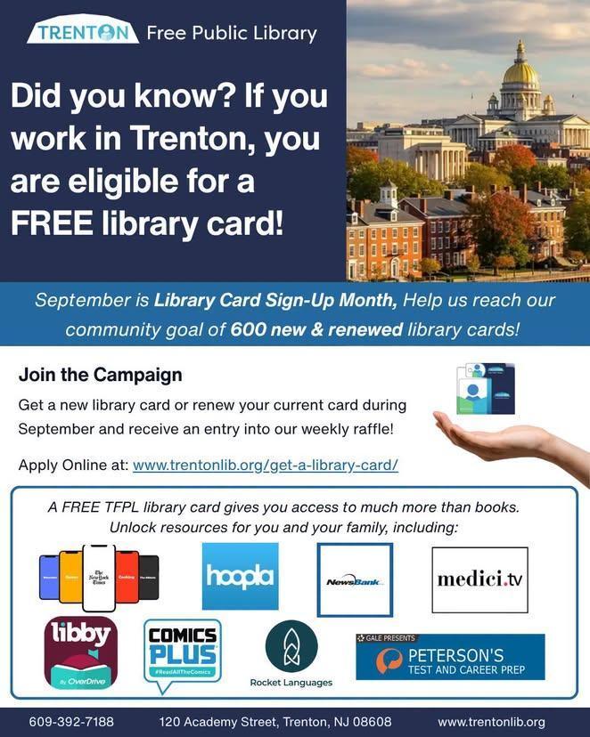 Do you work in the City of Trenton? Your library card is FREE! Do you work in the City of Trenton? Your library card is FREE!