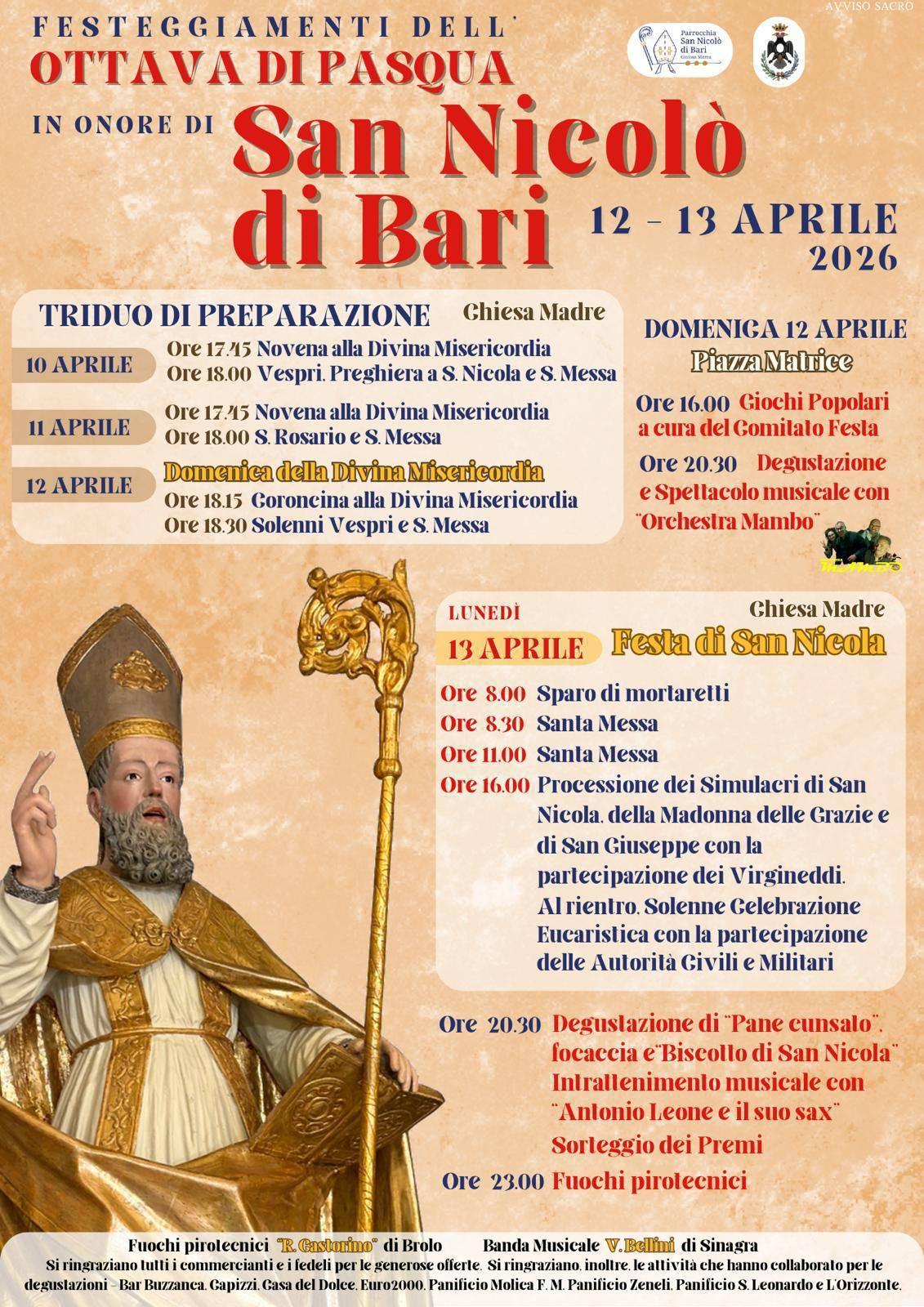 Degustazione di "Pane cunsato" focaccia e "Biscotto di San Nicola" Intrattenimento musicale con "Antonio Leone e il suo sax" (dalle ore 20.30)