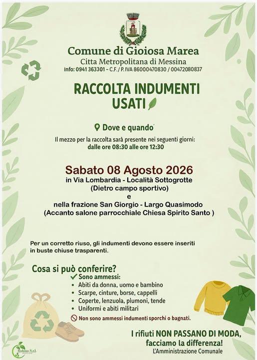 Raccolta Indumenti Usati (Dalle 08:30 alle 12:30)