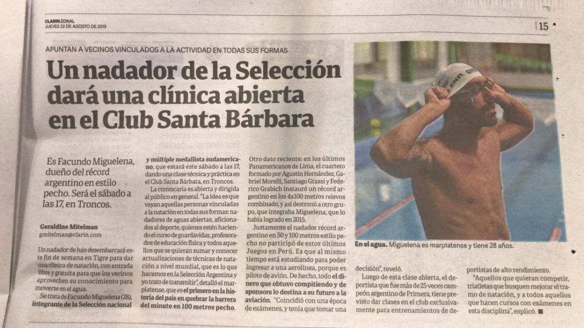 🏊‍♂ Un nadador de la Selección dará una clínica abierta en el Club Santa Bárbara