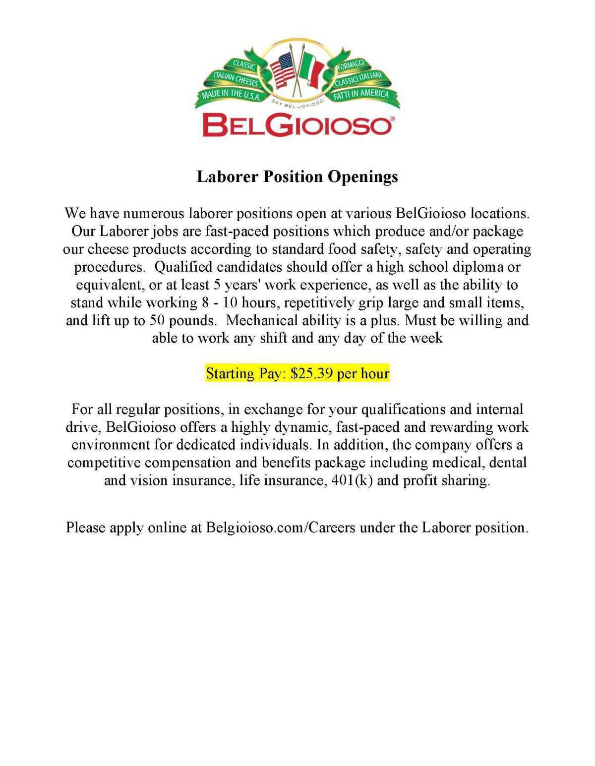 Summer Laborer needed at BelGioioso Cheese, Inc.