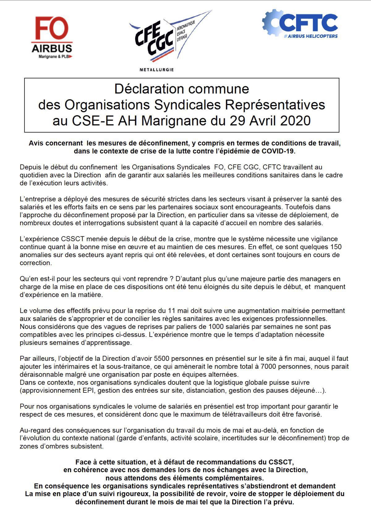 Déconfinement : déclaration des 3 organisations syndicales représentatives !